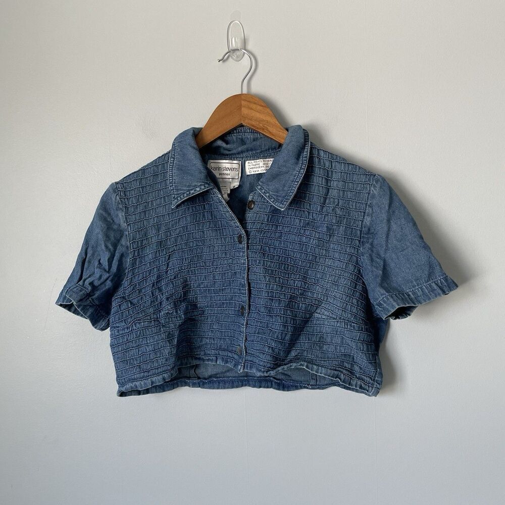 Vintage Karin Stevens Petites Blue Denim Cropped Button Up Top Women's Size 8P